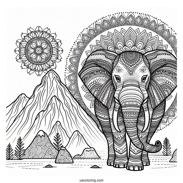 Mandala Elephant Standing Next To Mountain