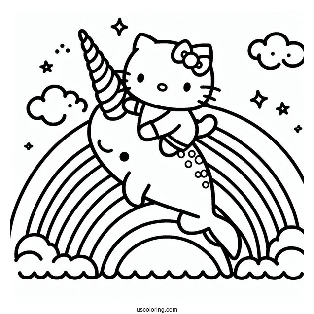Hello Kitty Riding A Narwhal Coloring Page Over The Rainbow