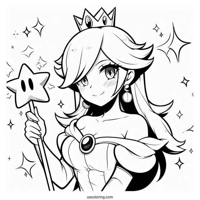 Anime Rosalina Coloring Page Holding Up Star Wand