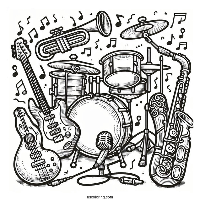 Music Coloring Page Of Electric Guitar, Drum, Trumpet, Saxophone, And Microphone