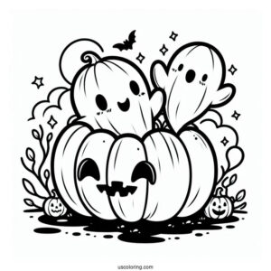Cute Ghosts Coming Out Of A Pumpkin Coloring Page For Kids