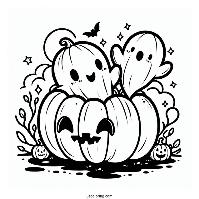 Cute Ghosts Coming Out Of A Pumpkin Coloring Page For Kids