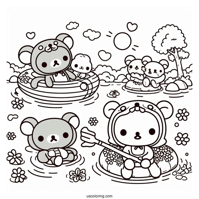 Rilakkuma Coloring Page And Korilakkuma In Otter Onesies Floating On The River With Kiiroitori