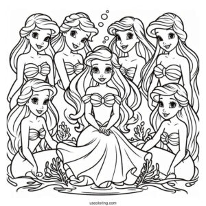 Coloring Page Of Ariel With Her Six Sisters