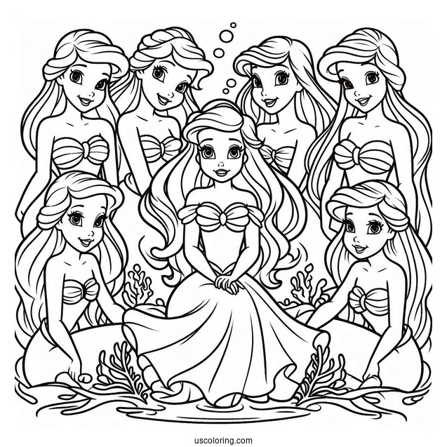Coloring Page Of Ariel With Her Six Sisters