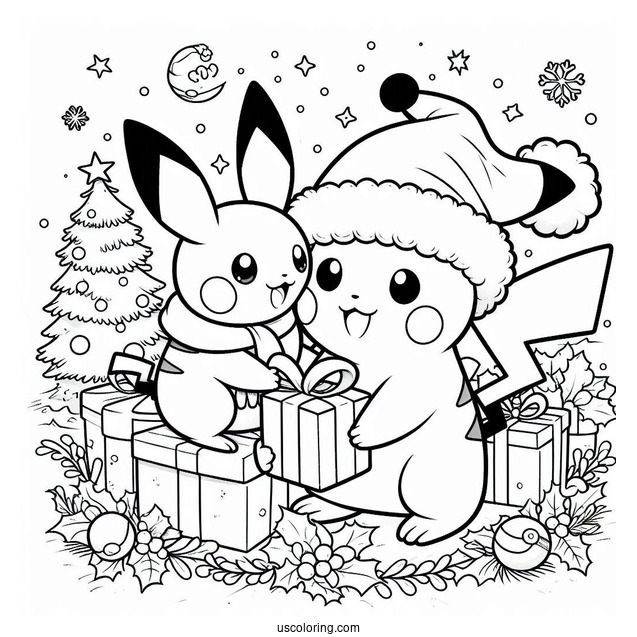 Pokemon Christmas Coloring Page Pikachu Giving Pichu A Present For Kids