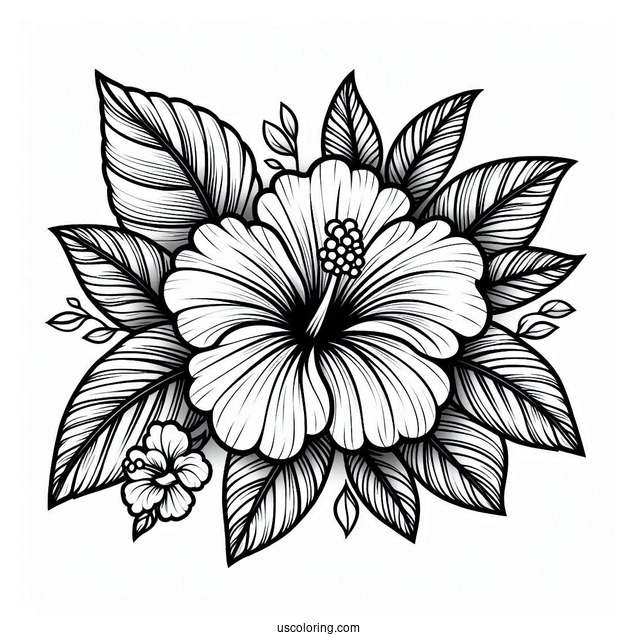 Flower Coloring Pages Of Large Hibiscus Among Leaves