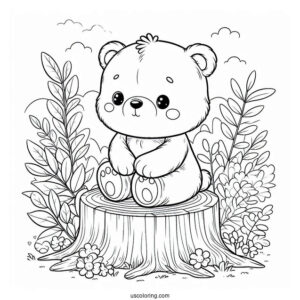 Cute Coloring Page Baby Bear Sitting On A Tree Stump