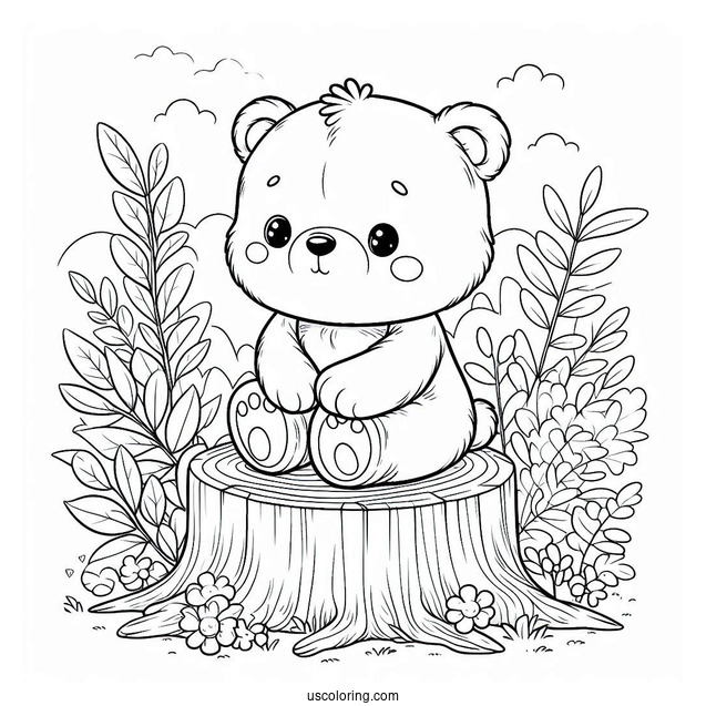Cute Coloring Page Baby Bear Sitting On A Tree Stump
