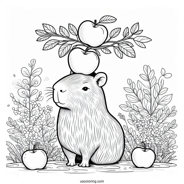 Capybara Coloring Page Balancing Apples On Its Head