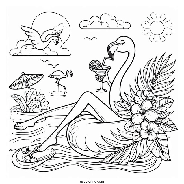 Flamingo Relaxing Drinking a Cocktail To Color