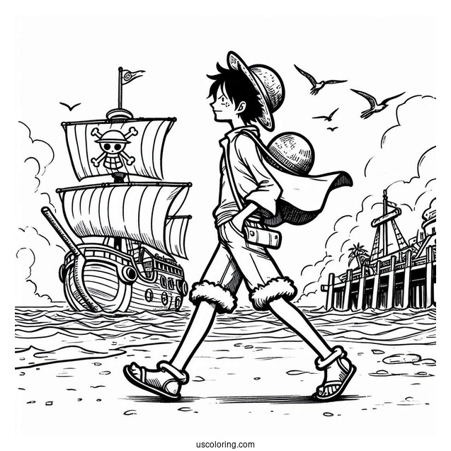 One Piece Coloring Page Of Simple Luffy Walking On Port For Kids