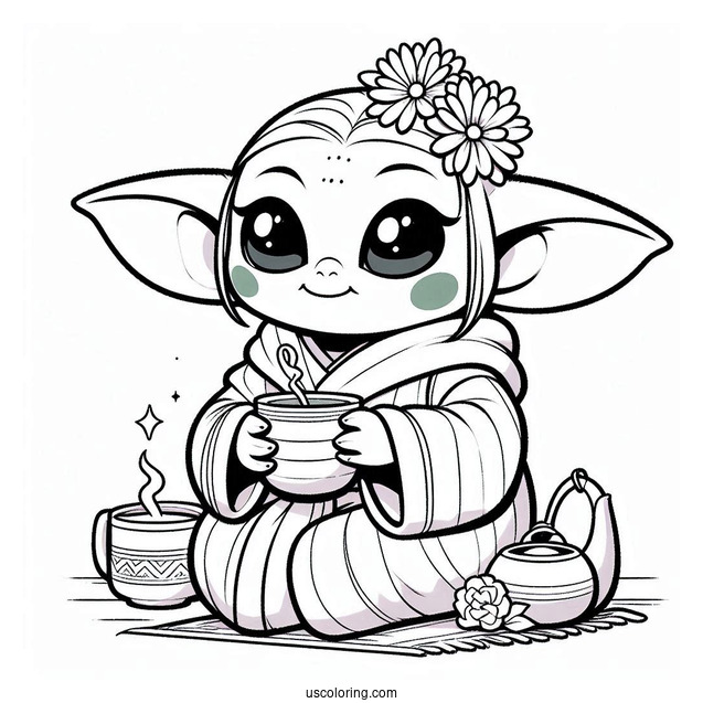 Cute Kawaii Baby Yoda Drinking Tea