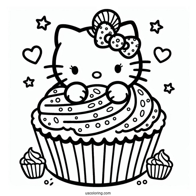 Adorable Hello Kitty Cupcake Coloring Page