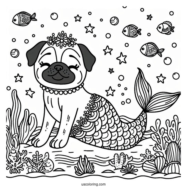 Mermaid Pug Coloring Page Under the Sea