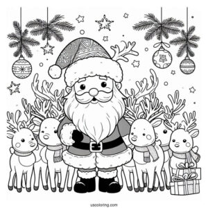 Santa And His Nine Reindeer Coloring Page