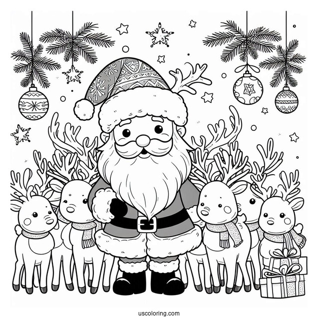 Santa And His Nine Reindeer Coloring Page