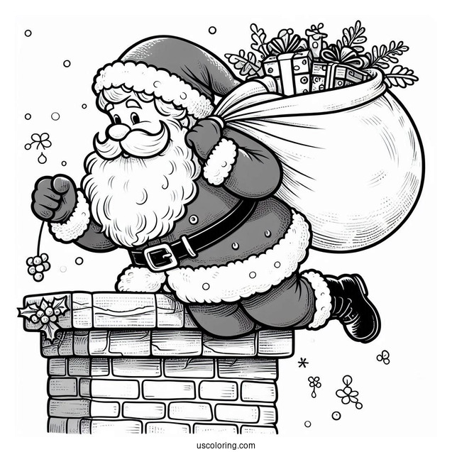 Santa Claus Climbing Into Chimney With Sack Of Presents