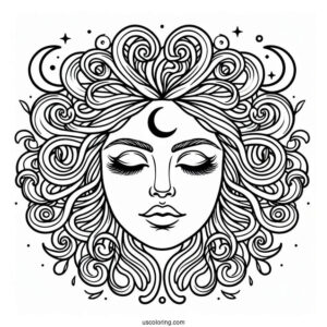 Detailed Medusa Coloring Page Head With Crescent Moon On Forehead