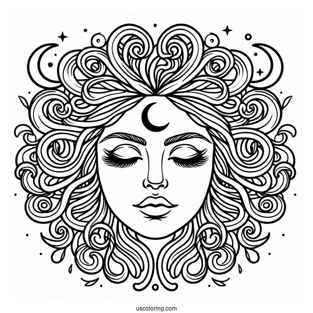 Detailed Medusa Coloring Page Head With Crescent Moon On Forehead