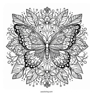 Grand Butterfly Coloring Page Mandala With Flowers And Leaves