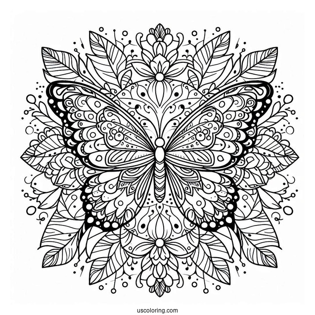 Grand Butterfly Coloring Page Mandala With Flowers And Leaves