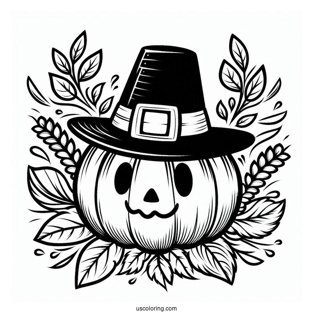 Thanksgiving Pumpkin Coloring Page Wearing Pilgrim Hat