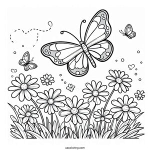 Cartoon Butterfly Hovering Above Daisies In Spring Coloring Page