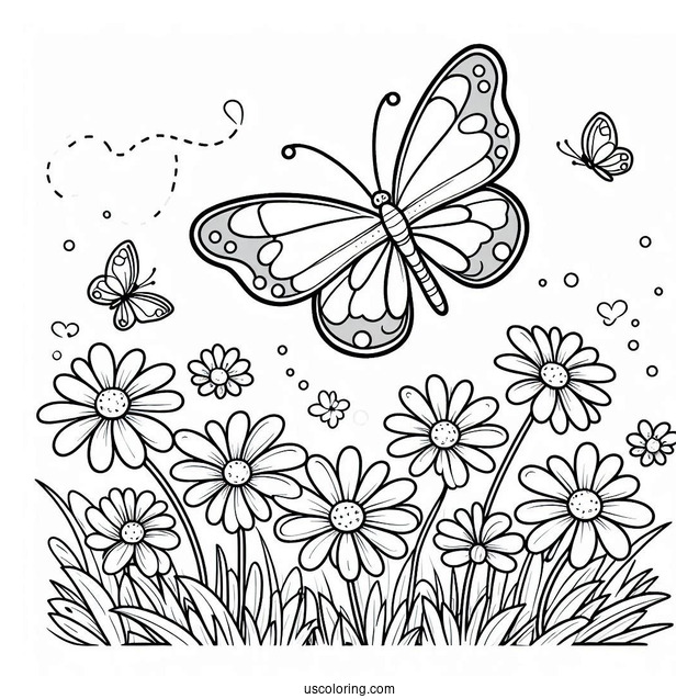 Cartoon Butterfly Hovering Above Daisies In Spring Coloring Page