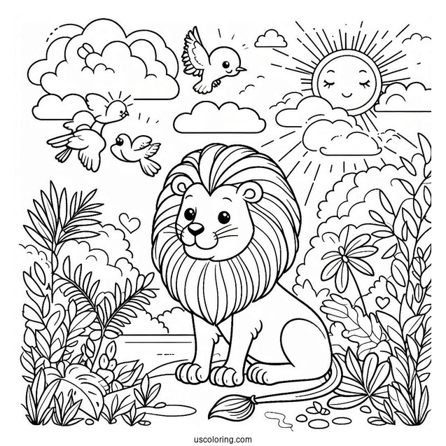 Lion With Birds Under The Sun In Jungle Coloring Page