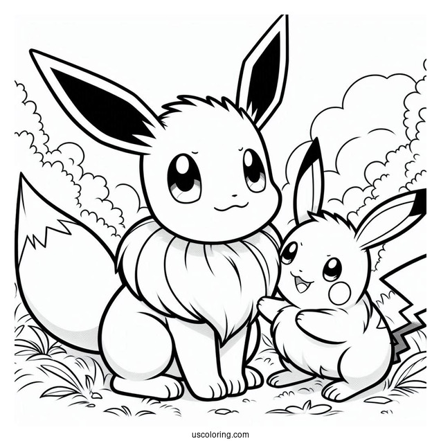 Coloring Sheet Of Eevee Playing With Pikachu