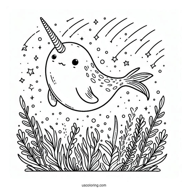Cute Narwhal Coloring Page Flying In The Night Sky