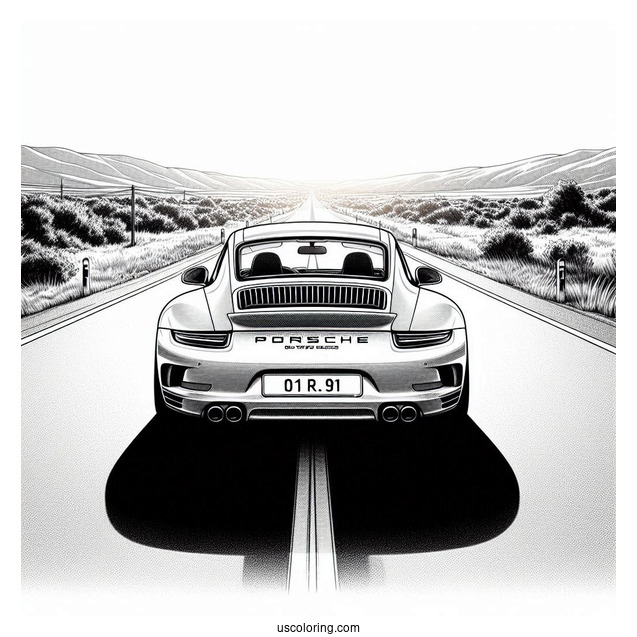 Realistic Back View Of Porsche Coloring Page On The Road