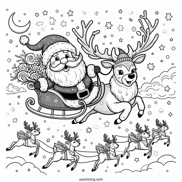 Santa Flying In The Sky With His Reindeer