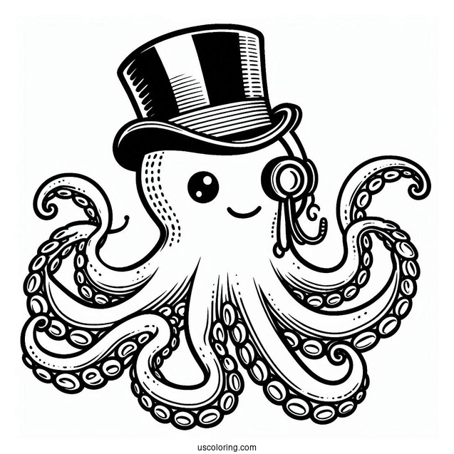 Octopus Coloring Page With Monocle And Top Hat
