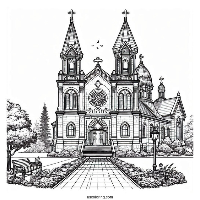 Large Catholic Church Coloring Page With A Walkway For Kids