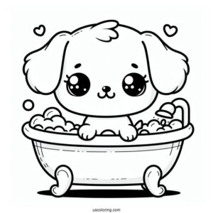 Kawaii Puppy In A Bathtub Coloring Sheet