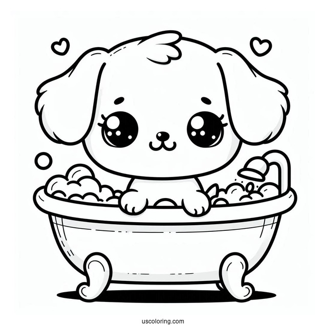 Kawaii Puppy In A Bathtub Coloring Sheet
