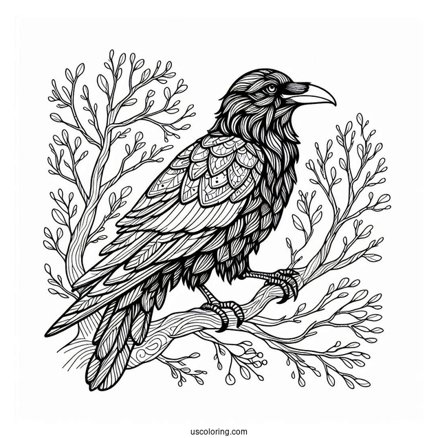 Raven Coloring Page Wearing A Cape While Perched On A Tree