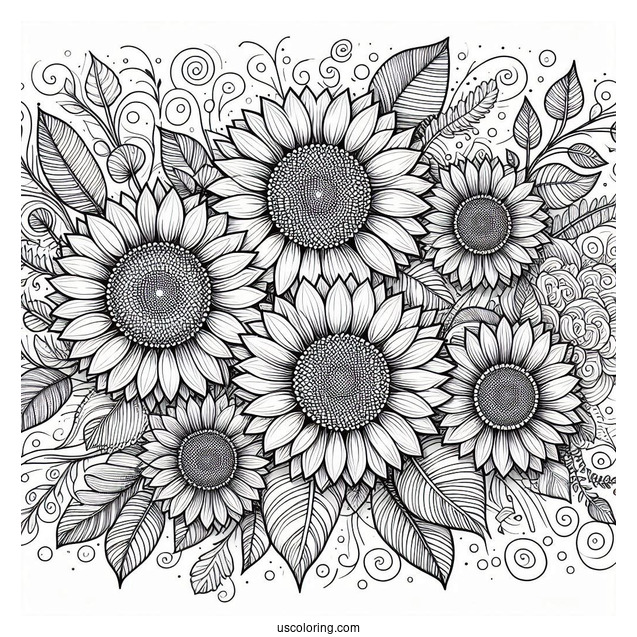 Detailed Adult Coloring Page Of Sunflowers