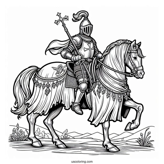 Coloring Sheet Of Knight With Lance On A Horse