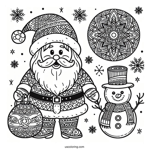 Santa Claus With Snowman And Christmas Mandala Coloring Page