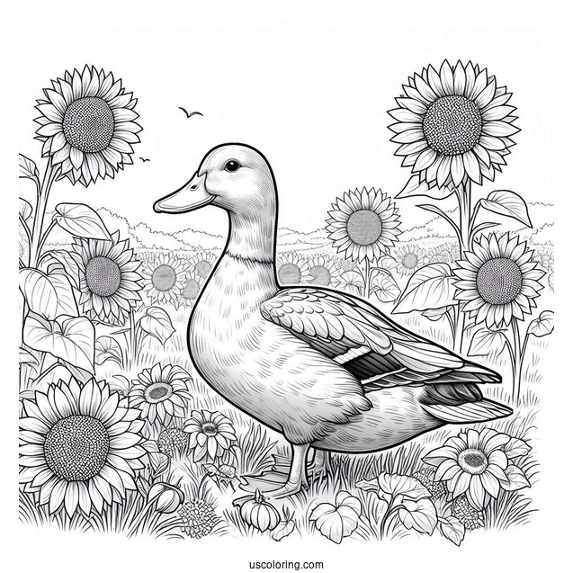 Realistic Duck in a Field of Sunflowers