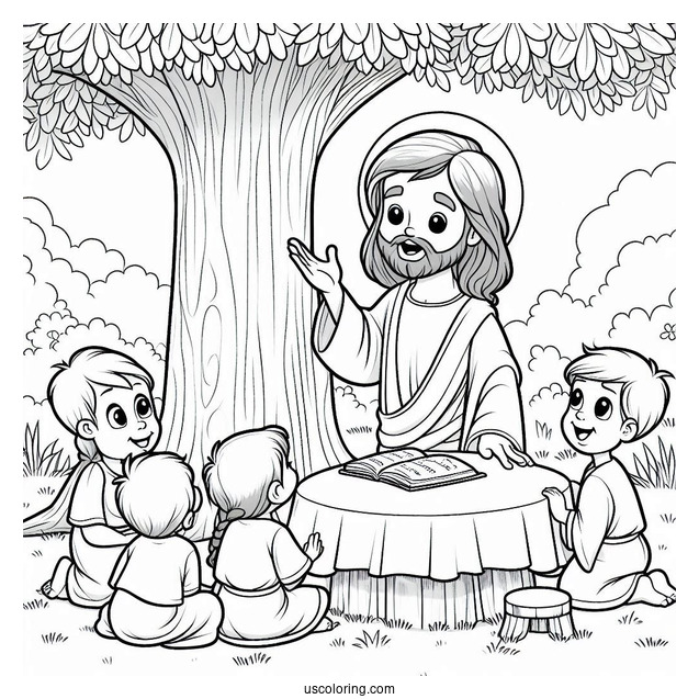 Cartoon Jesus Coloring Page Teaching Children Under The Tree For Kids
