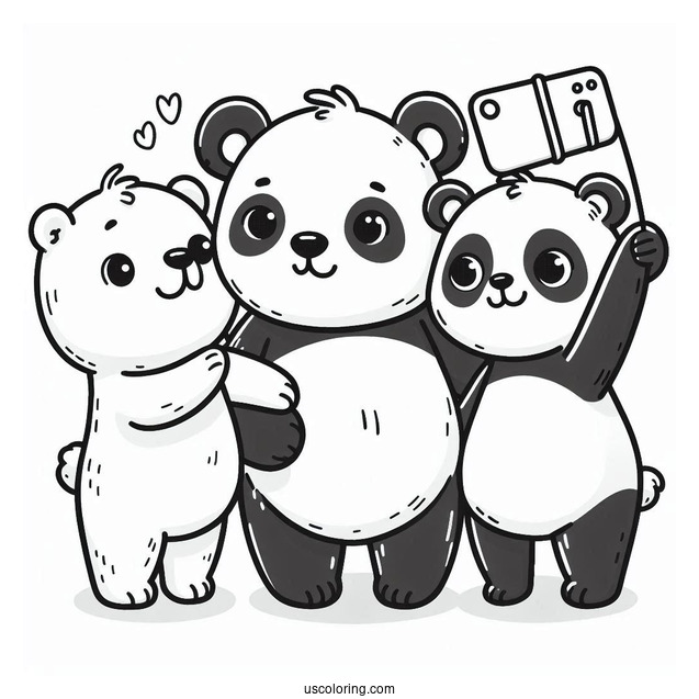 Cartoon Bear Coloring Page Taking Selfie With Panda And Polar Bear