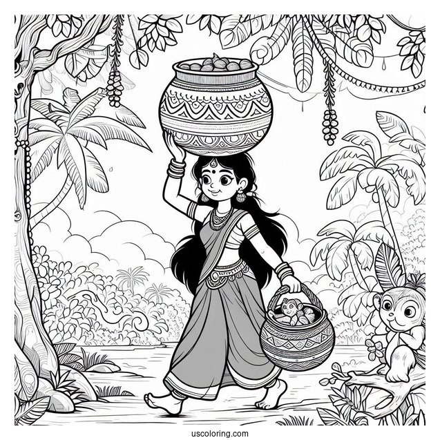 Jungle Book Coloring Page Of Shanti Carrying Clay Pot Over Her Head