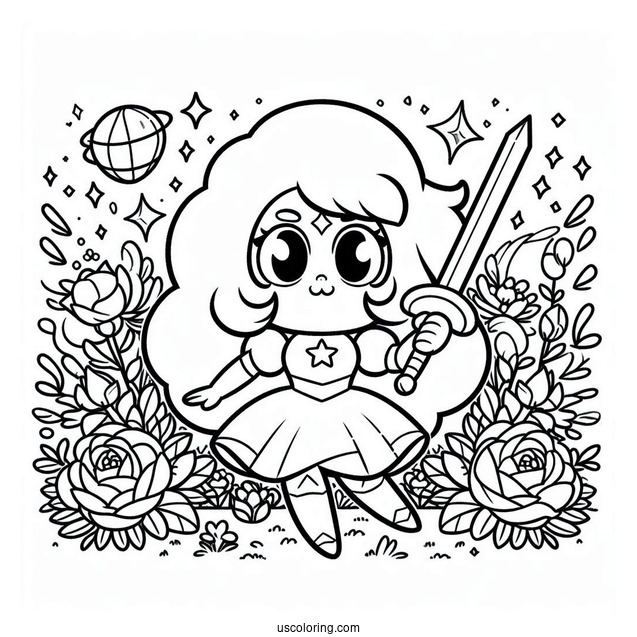 Steven Universe Coloring Page Of Cute Rose Quartz Holding Sword And Shield For Kids