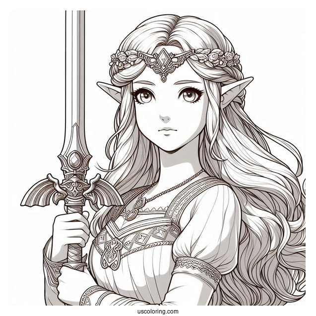 Princess Coloring Page Of Realistic Princess Zelda Holding Sword