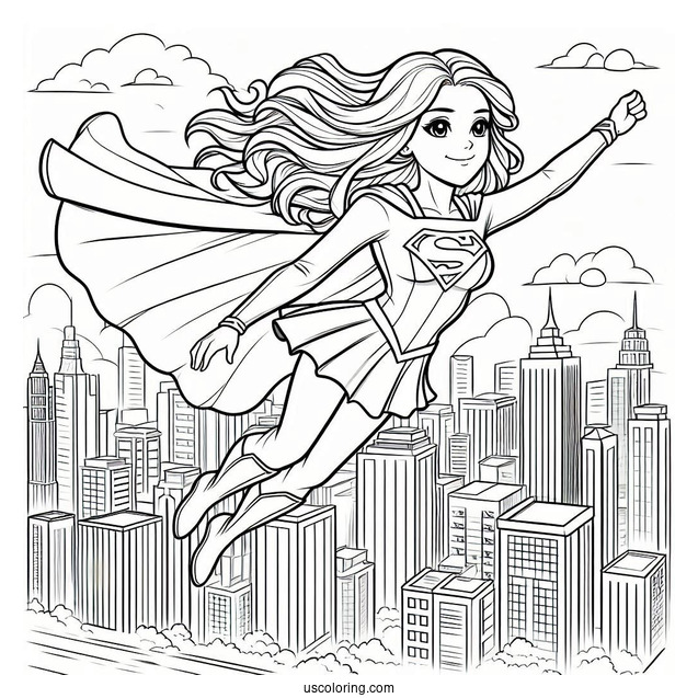 Coloring Page Of Supergirl Flying In The City