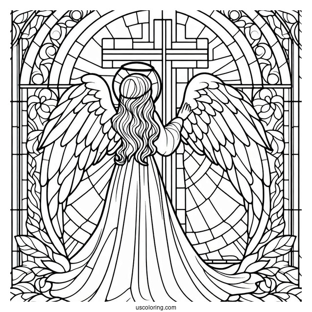 Angel Standing In Front Of A Cross Stained Glass Coloring Page